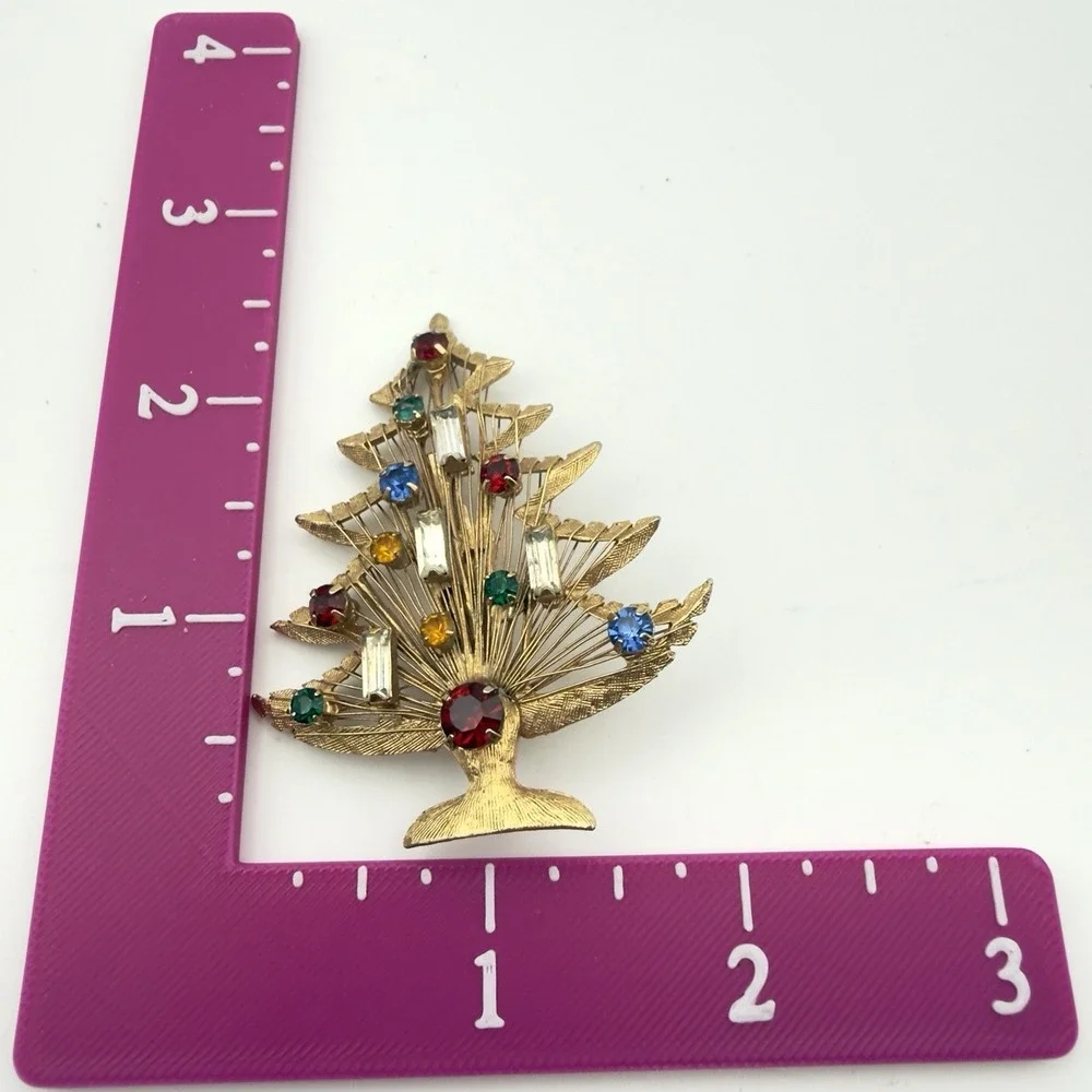 Vintage Gold Tone Multi Color Rhinestone Christmas Tree Brooch Pin Mid Century